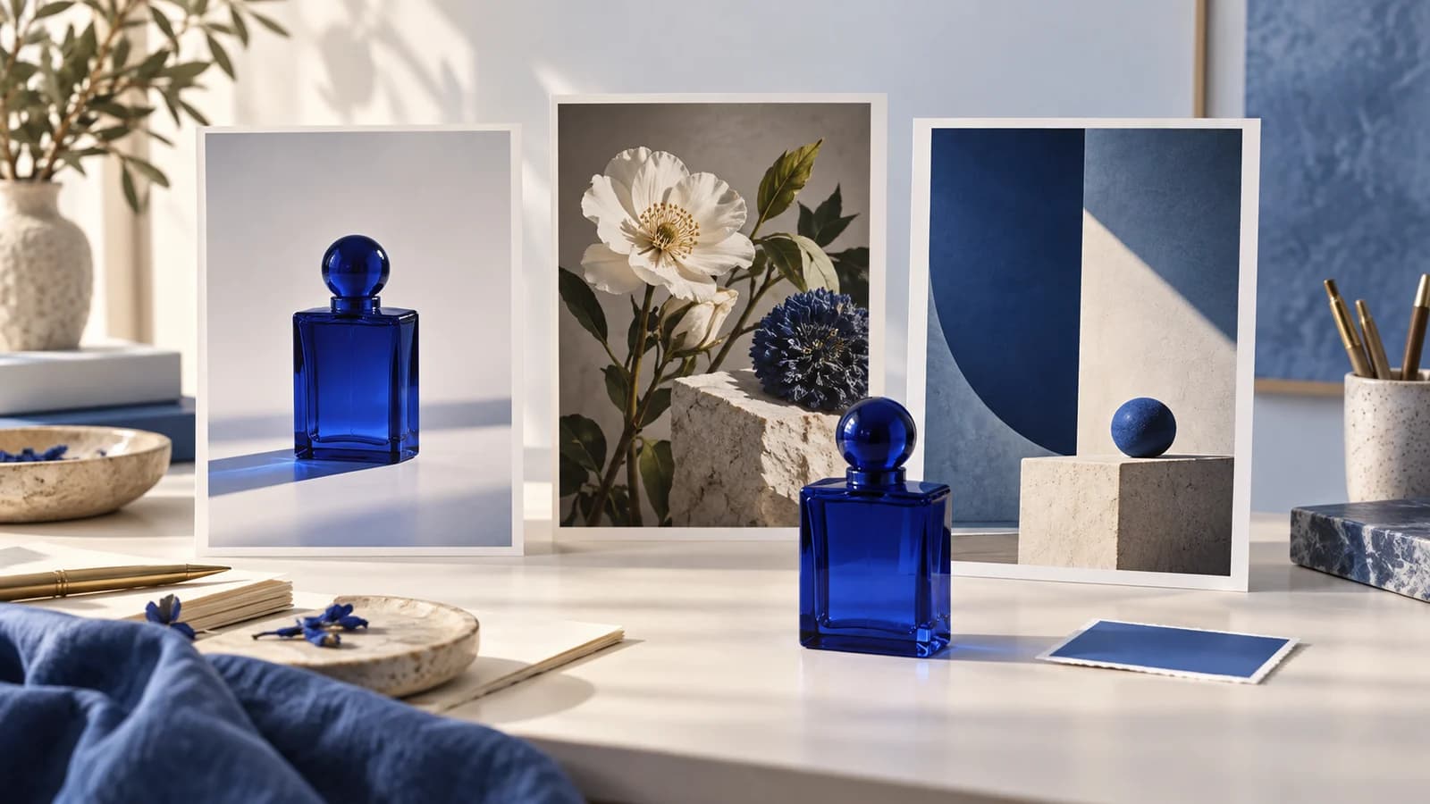 Illustration of blue product photography, botanical art and geometric prints on a studio desk.