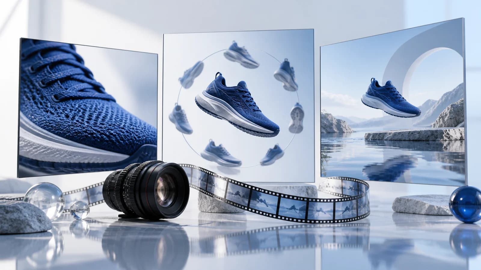 Illustration of blue running-shoe scenes beside a cinema lens and film strip.