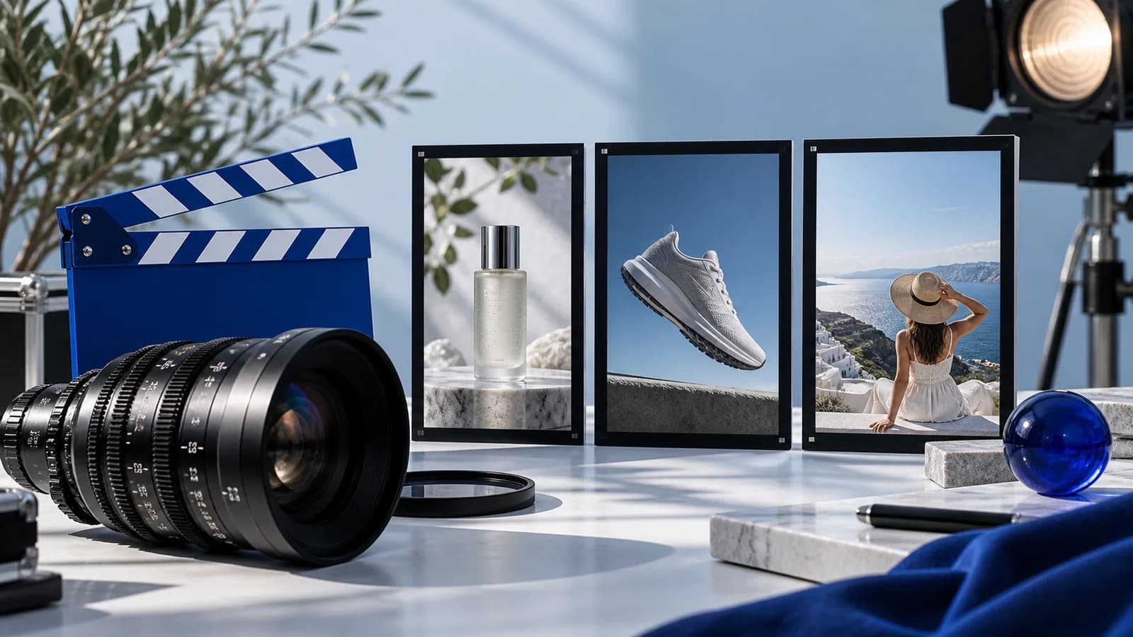 Cinema lens and blue clapperboard beside product and lifestyle storyboards.