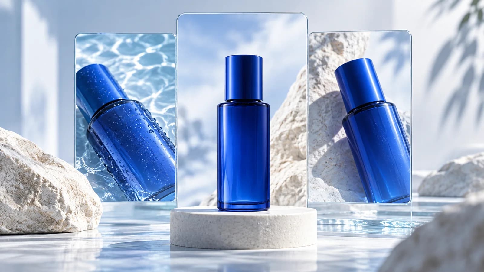 A blue product bottle with coordinated scenes for a video campaign.