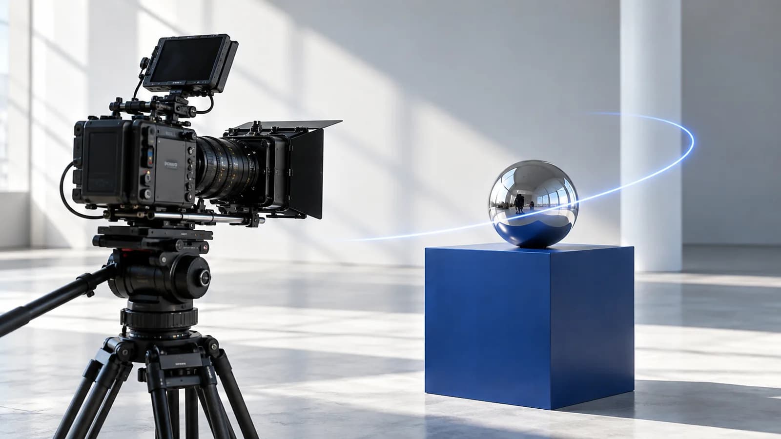 A cinema camera and an orbit of blue light around a reflective studio subject.